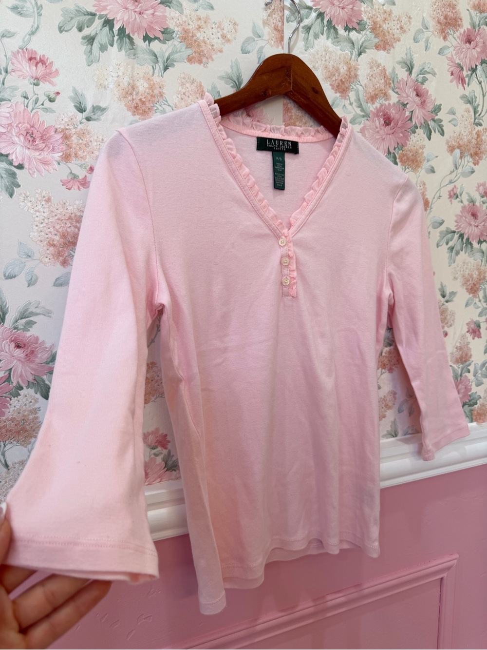 Ralph Lauren Pink Ruffle-Trim Henley Tee - Picture 3 of 4
